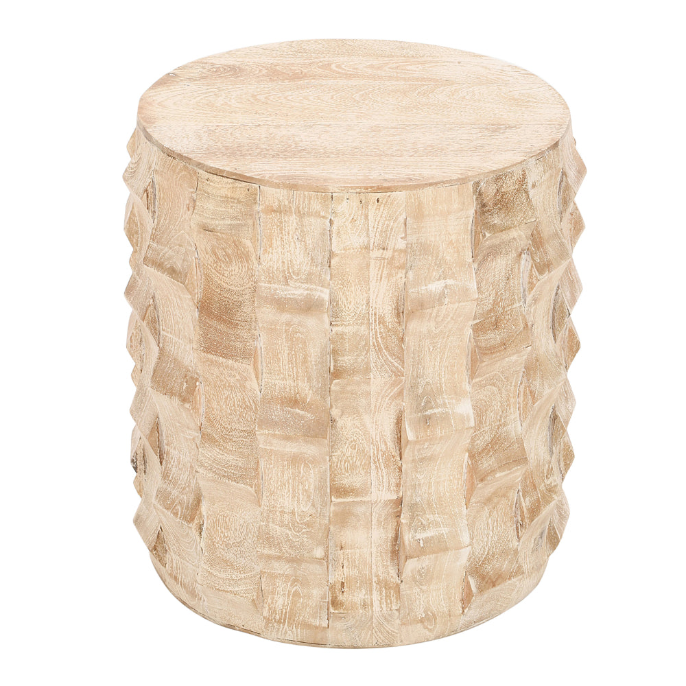 20 Inch Side End Table, Round Drum Shape with 3D Textured Design, Distressed White Finish By The Urban Port