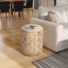 20 Inch Side End Table, Round Drum Shape with 3D Textured Design, Distressed White Finish By The Urban Port