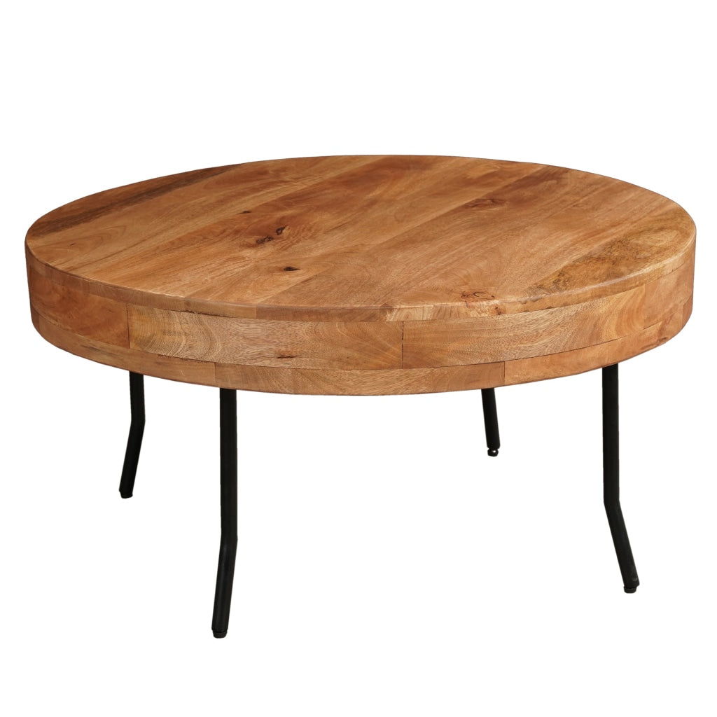 32 Inch Coffee Table Handcrafted Mango Wood Round Top Black Metal Angled Legs The Urban Port UPT-302028