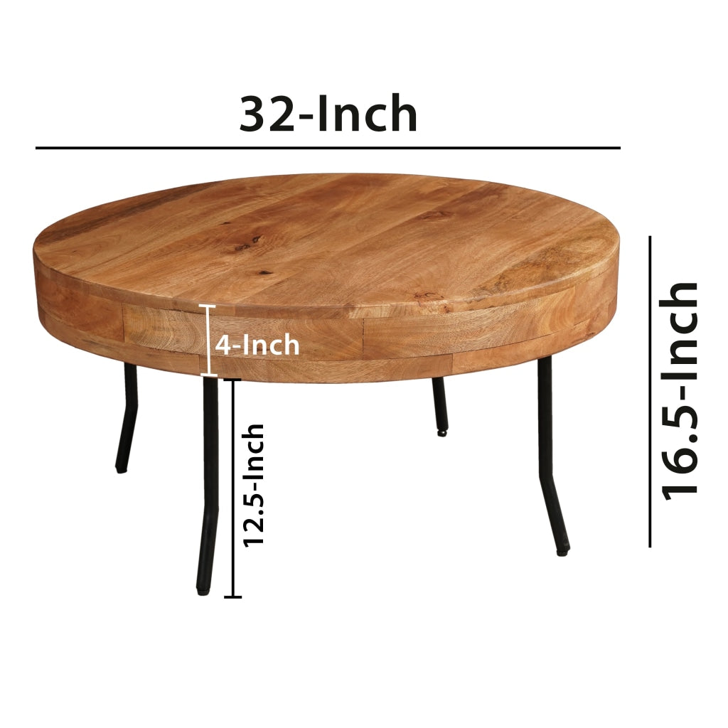 32 Inch Coffee Table Handcrafted Mango Wood Round Top Black Metal Angled Legs The Urban Port UPT-302028