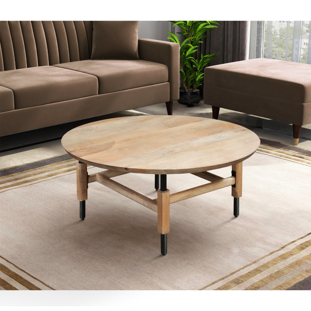 34 Inch Round Coffee Table Handcrafted Natural Brown Mango Wood with Black Iron Legs The Urban Port UPT-302029