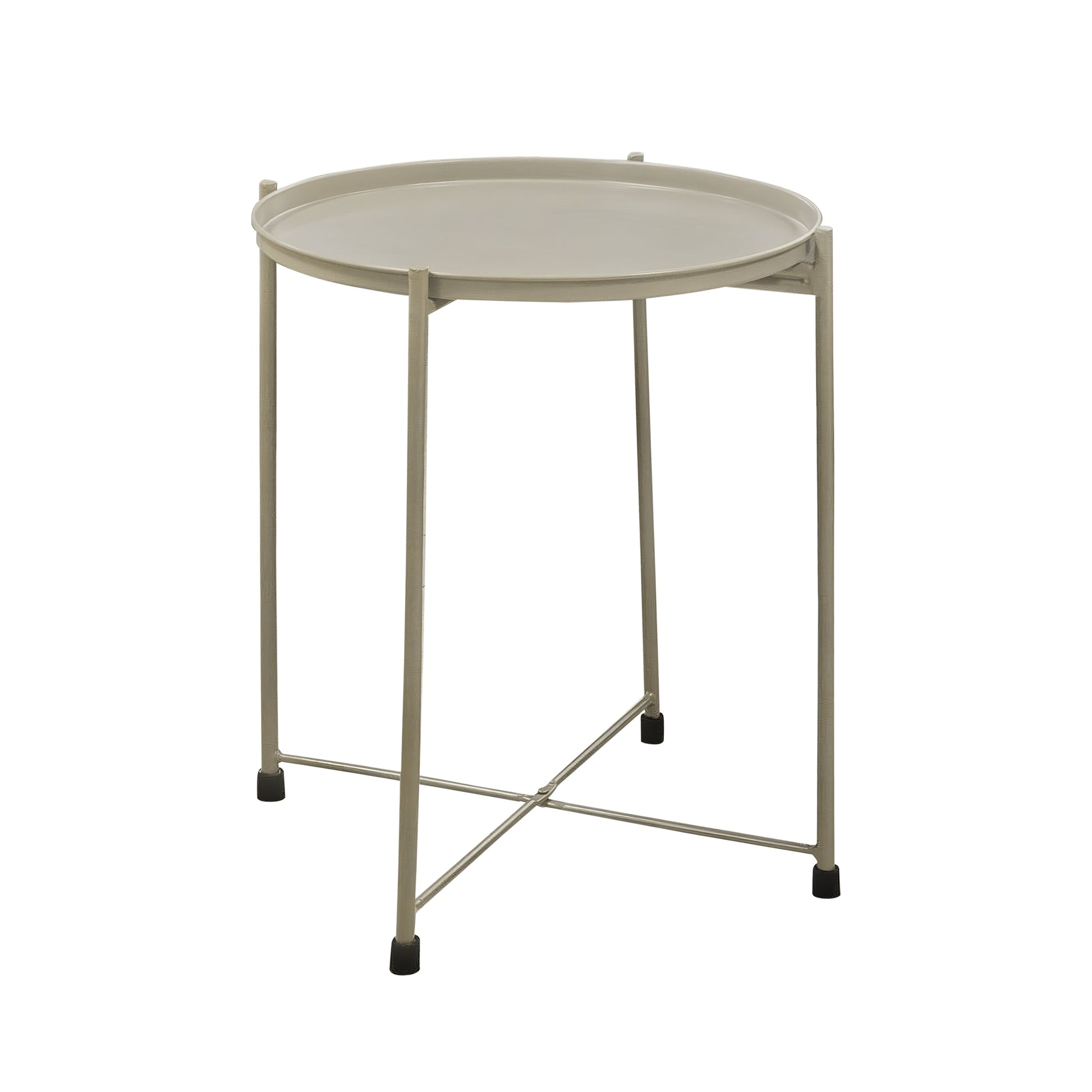 18 Inch Modern Side End Table Round Metal Tray Top Foldable Legs Beige The Urban Port UPT-302378