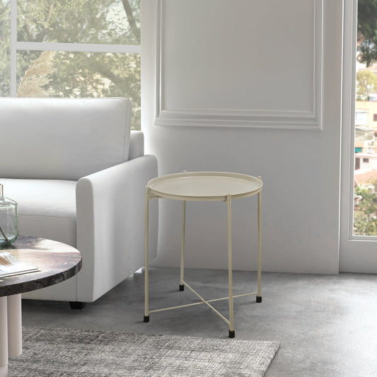18 Inch Modern Side End Table, Round Metal Tray Top, Foldable Legs, Beige The Urban Port