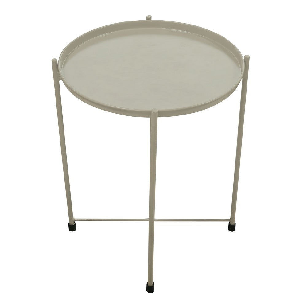 18 Inch Modern Side End Table Round Metal Tray Top Foldable Legs Beige The Urban Port UPT-302378