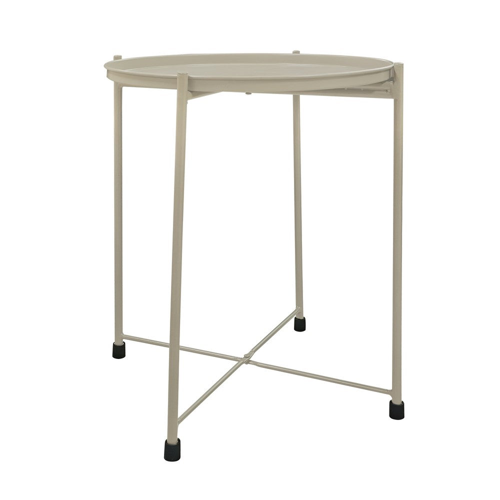 18 Inch Modern Side End Table Round Metal Tray Top Foldable Legs Beige The Urban Port UPT-302378