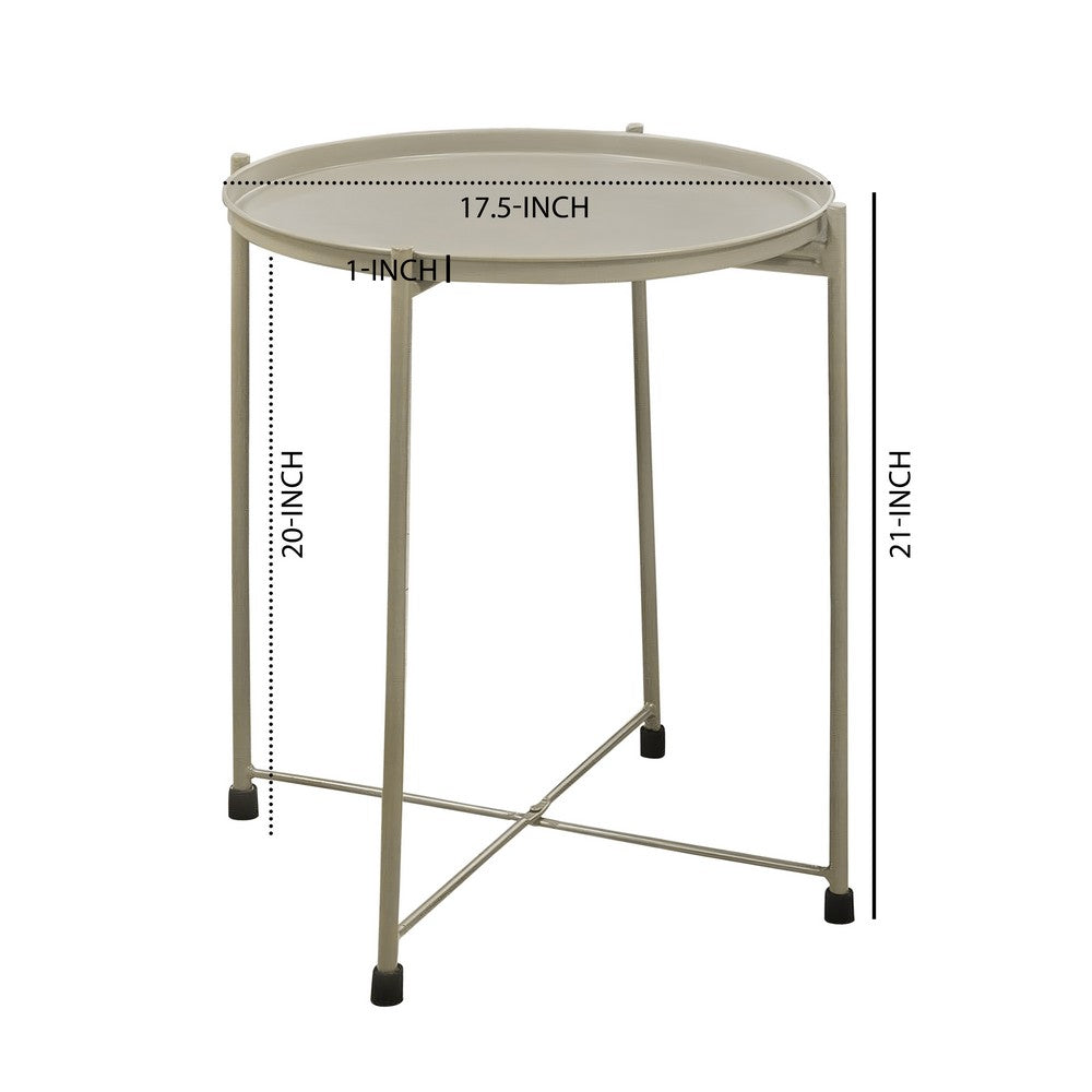 18 Inch Modern Side End Table Round Metal Tray Top Foldable Legs Beige The Urban Port UPT-302378