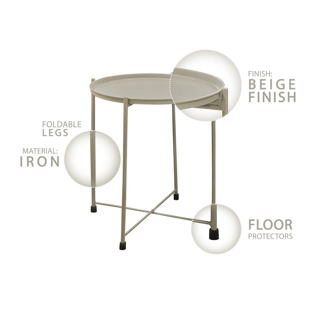 18 Inch Modern Side End Table Round Metal Tray Top Foldable Legs Beige The Urban Port UPT-302378