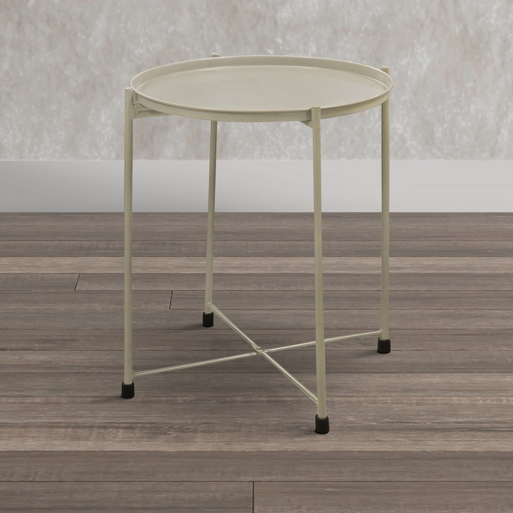 18 Inch Modern Side End Table Round Metal Tray Top Foldable Legs Beige The Urban Port UPT-302378