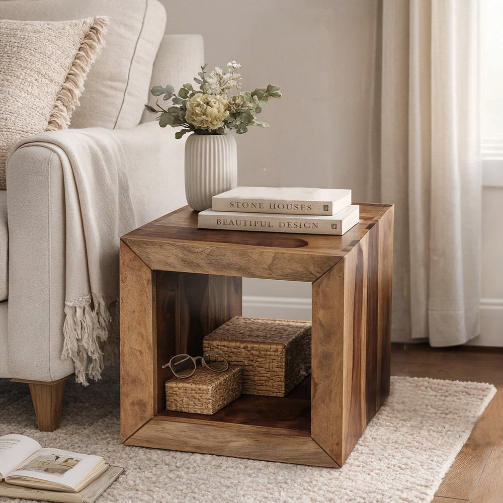 16 Inch Cube Shape Rosewood Side Table With Cutout Bottom, Brown By The Urban Port