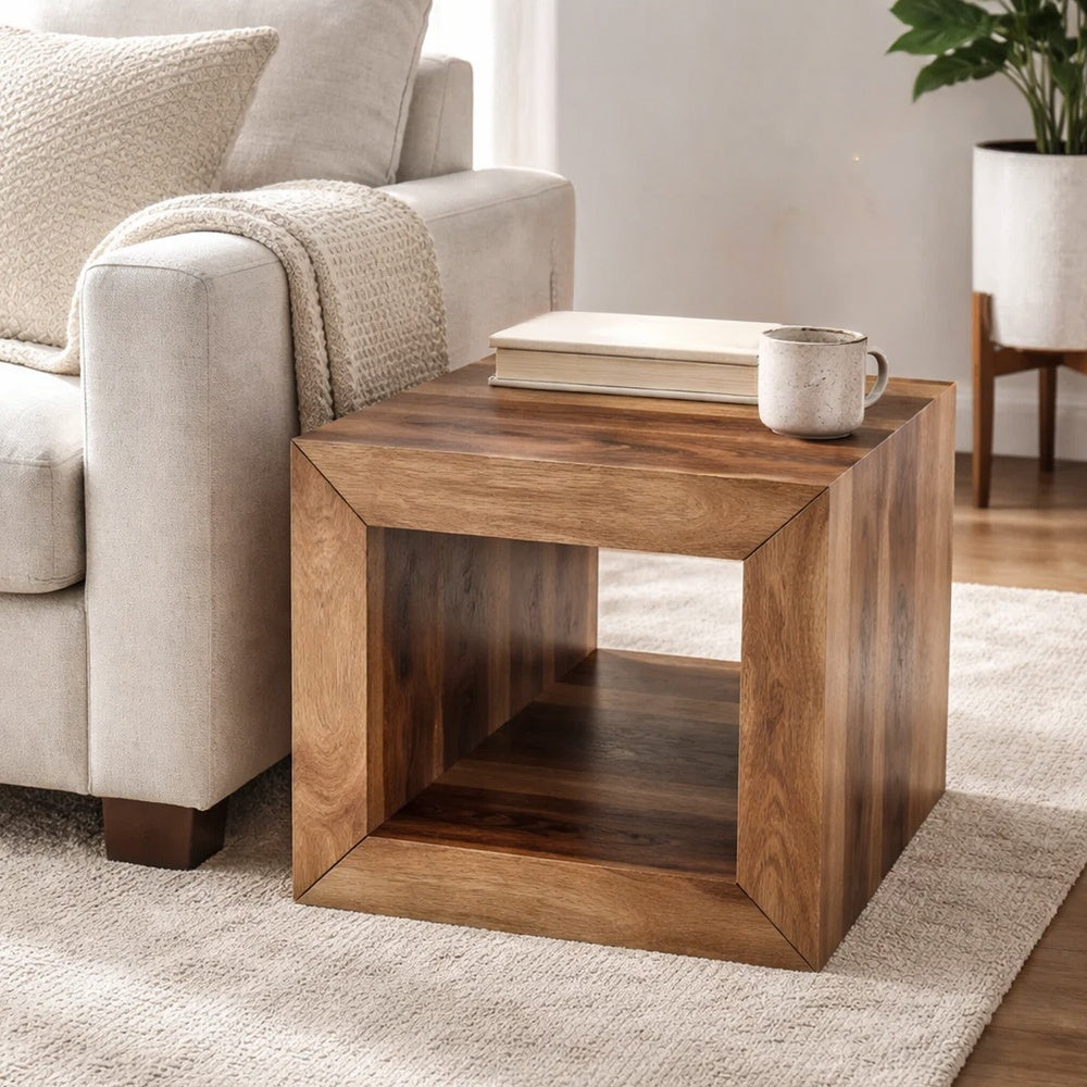 16 Inch Cube Shape Rosewood Side Table With Cutout Bottom, Brown By The Urban Port