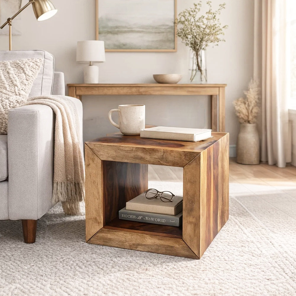 16 Inch Cube Shape Rosewood Side Table With Cutout Bottom, Brown By The Urban Port