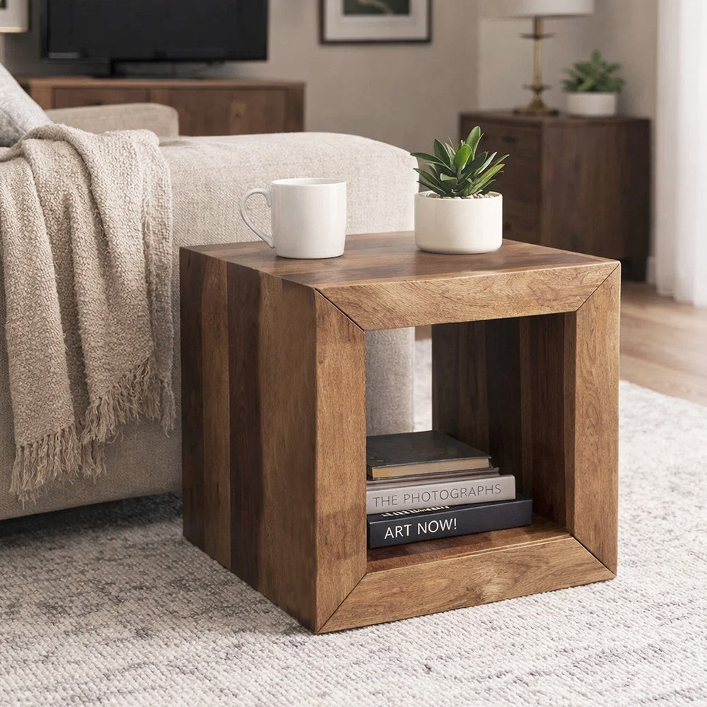 16 Inch Cube Shape Rosewood Side Table With Cutout Bottom, Brown By The Urban Port