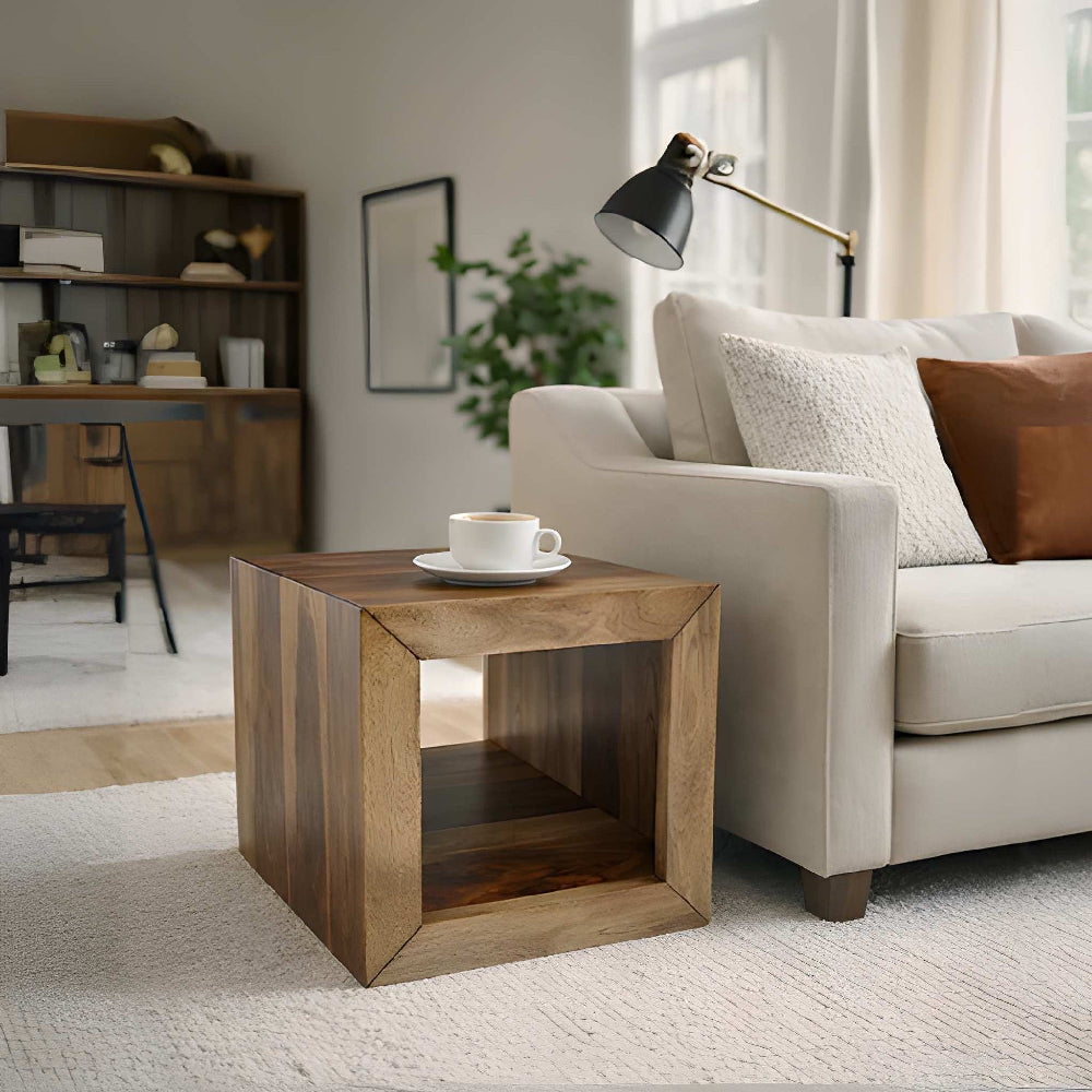 16 Inch Cube Shape Rosewood Side Table With Cutout Bottom, Brown By The Urban Port