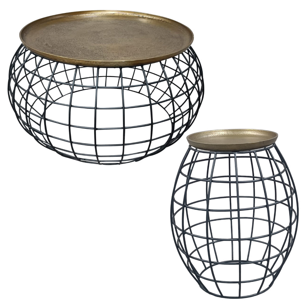 2 Piece Coffee Table and End table Set, Round Antique Brass Tray Top, Curved Cage Design Black Iron Base  By The Urban Port