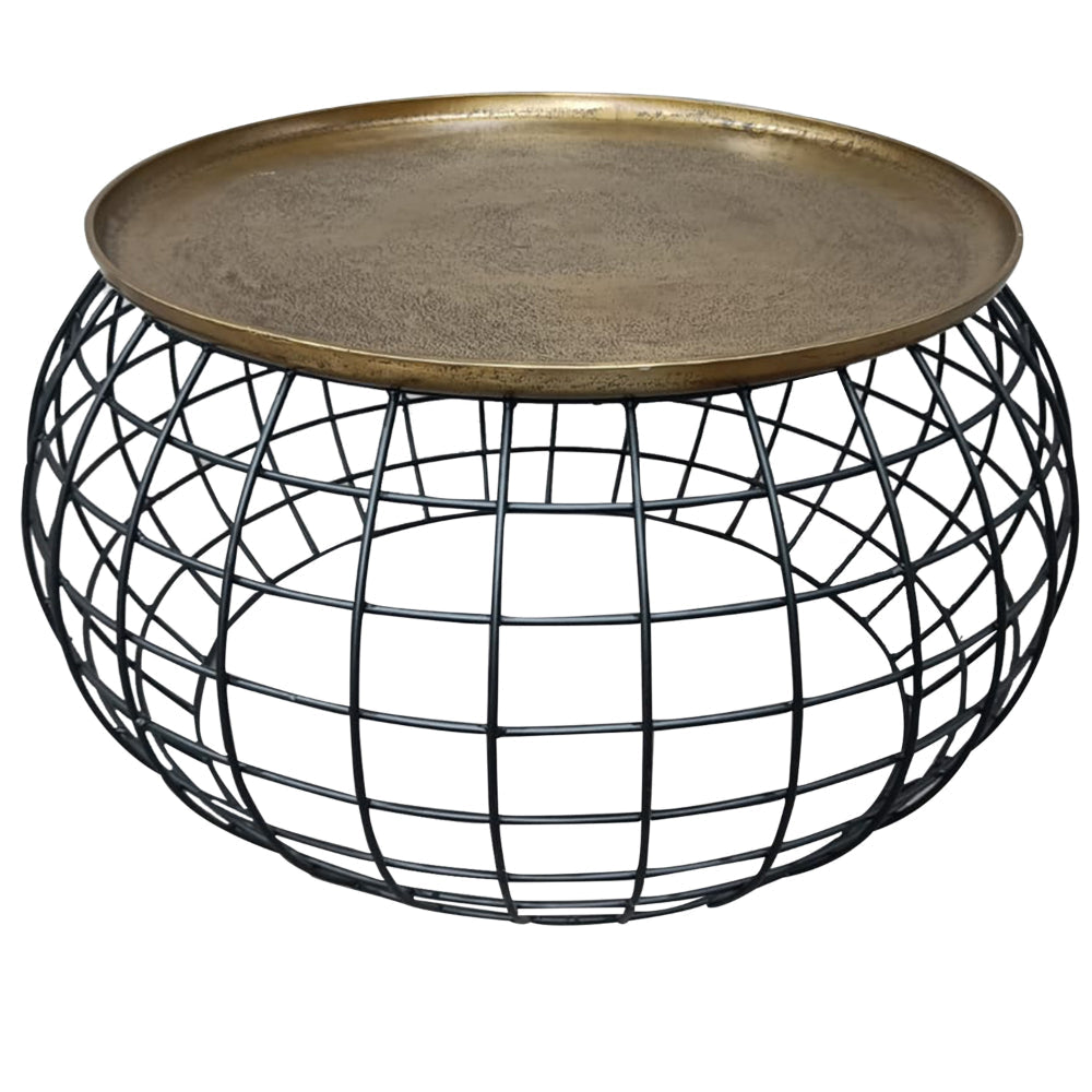 2 Piece Coffee Table and End table Set, Round Antique Brass Tray Top, Curved Cage Design Black Iron Base  By The Urban Port