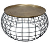 2 Piece Coffee Table and End table Set, Round Antique Brass Tray Top, Curved Cage Design Black Iron Base  By The Urban Port