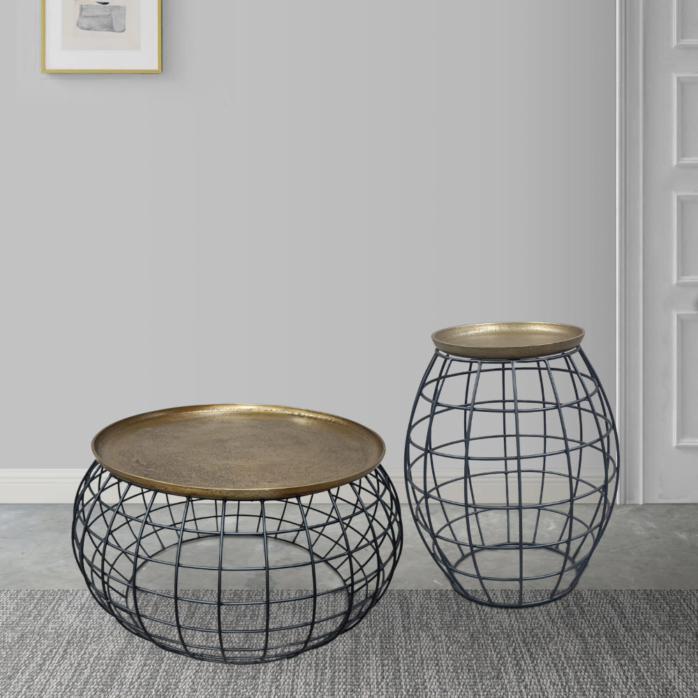 2 Piece Coffee Table and End table Set Round Antique Brass Tray Top Curved Cage Design Black Iron Base By The Urban Port UPT-310004