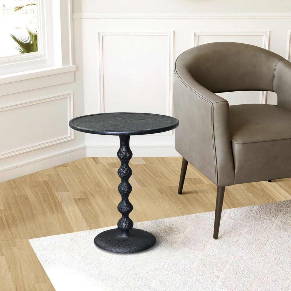 Shae 22 Inch Round Side End Table, Matte Black Aluminum Cast with Hammered Texture, Turned Padestal Post  By The Urban Port