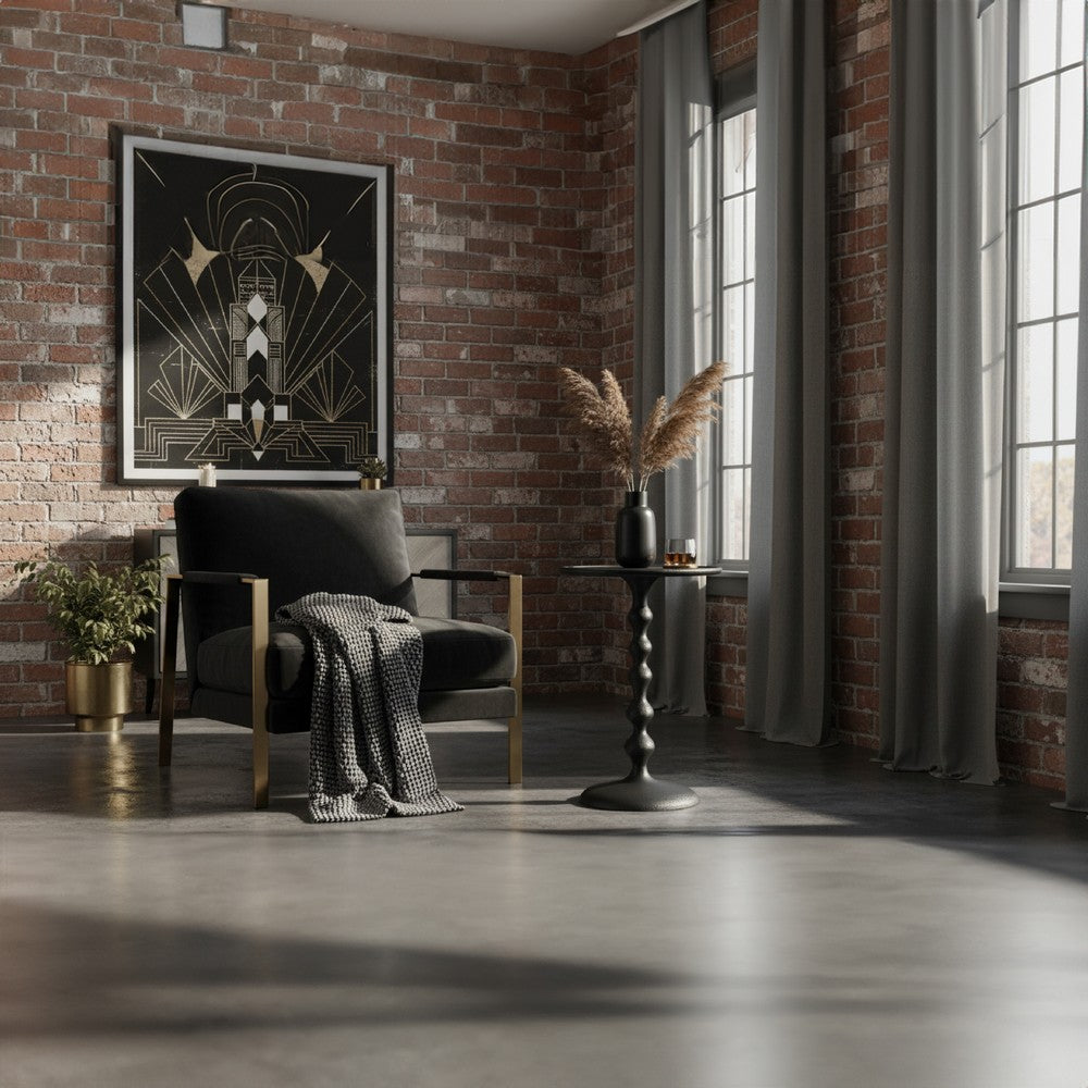 Shae 22 Inch Round Side End Table, Matte Black Aluminum Cast with Hammered Texture, Turned Padestal Post  By The Urban Port