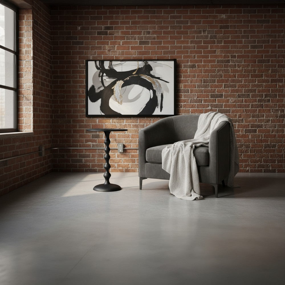 Shae 22 Inch Round Side End Table, Matte Black Aluminum Cast with Hammered Texture, Turned Padestal Post  By The Urban Port