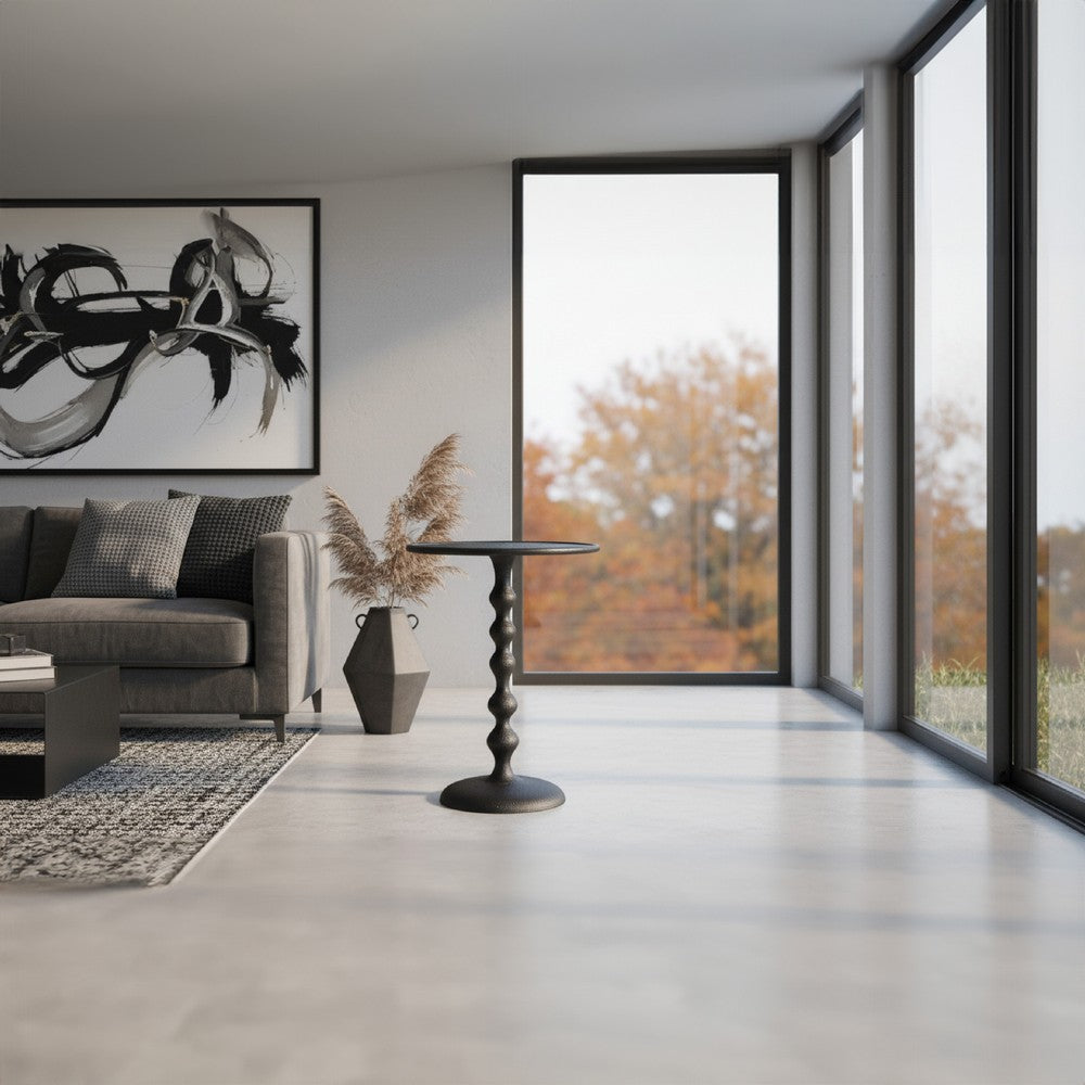 Shae 22 Inch Round Side End Table, Matte Black Aluminum Cast with Hammered Texture, Turned Padestal Post  By The Urban Port