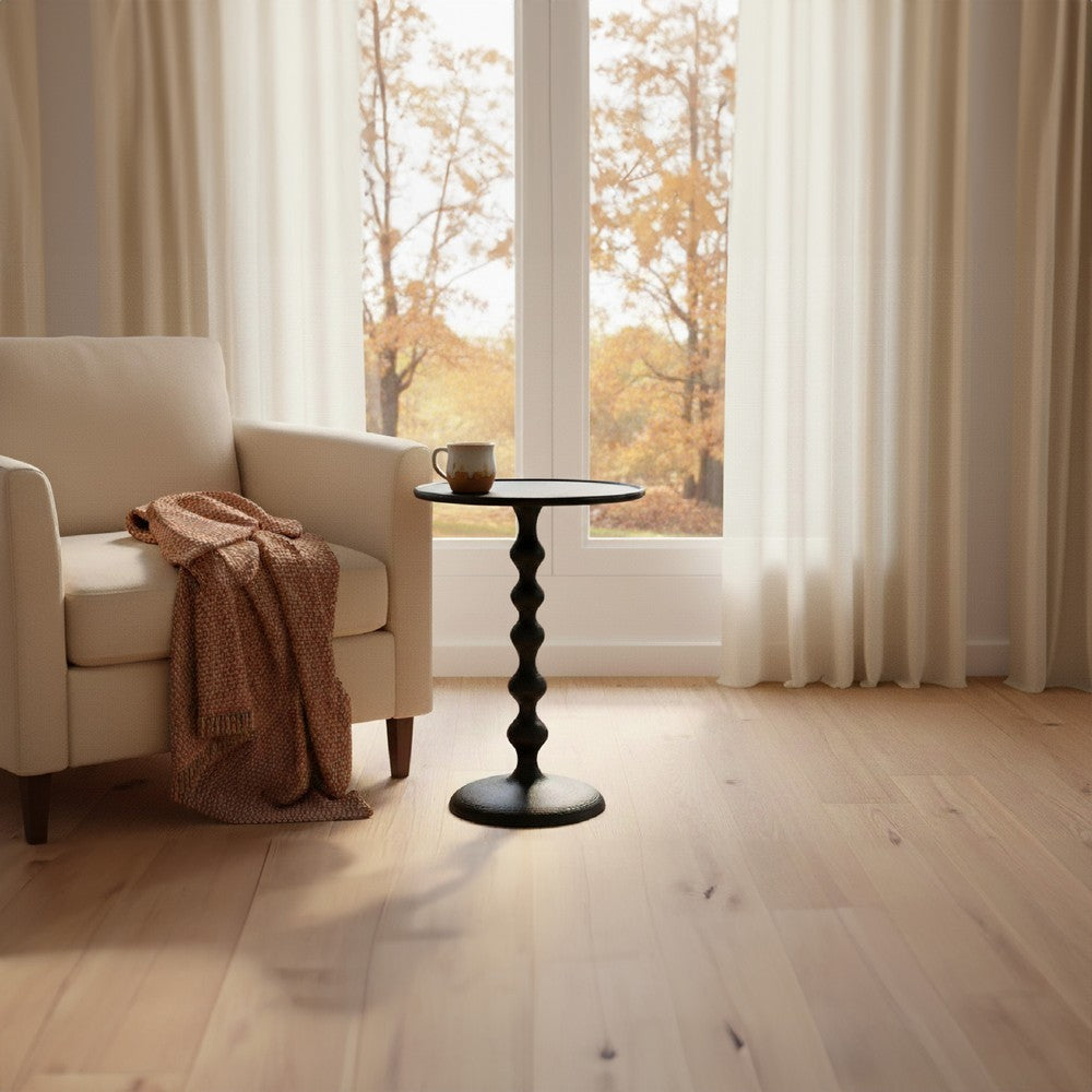 Shae 22 Inch Round Side End Table, Matte Black Aluminum Cast with Hammered Texture, Turned Padestal Post  By The Urban Port