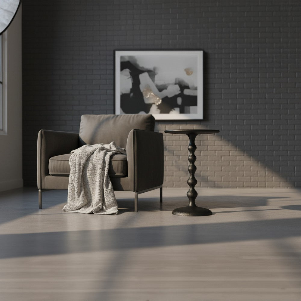 Shae 22 Inch Round Side End Table, Matte Black Aluminum Cast with Hammered Texture, Turned Padestal Post  By The Urban Port