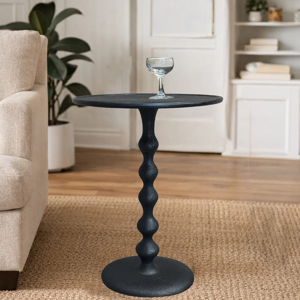 Shae 22 Inch Round Side End Table, Matte Black Aluminum Cast with Hammered Texture, Turned Padestal Post  By The Urban Port