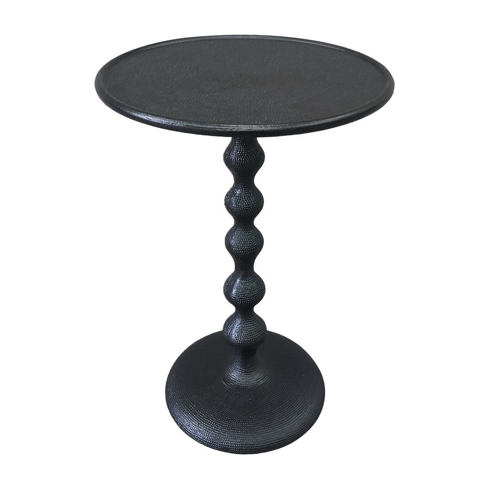 Shae 22 Inch Round Side End Table, Matte Black Aluminum Cast with Hammered Texture, Turned Padestal Post  By The Urban Port