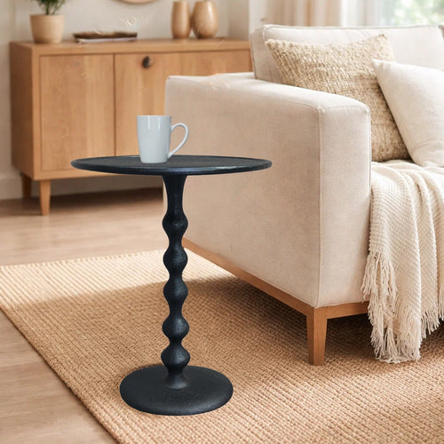 Shae 22 Inch Round Side End Table, Matte Black Aluminum Cast with Hammered Texture, Turned Padestal Post  By The Urban Port