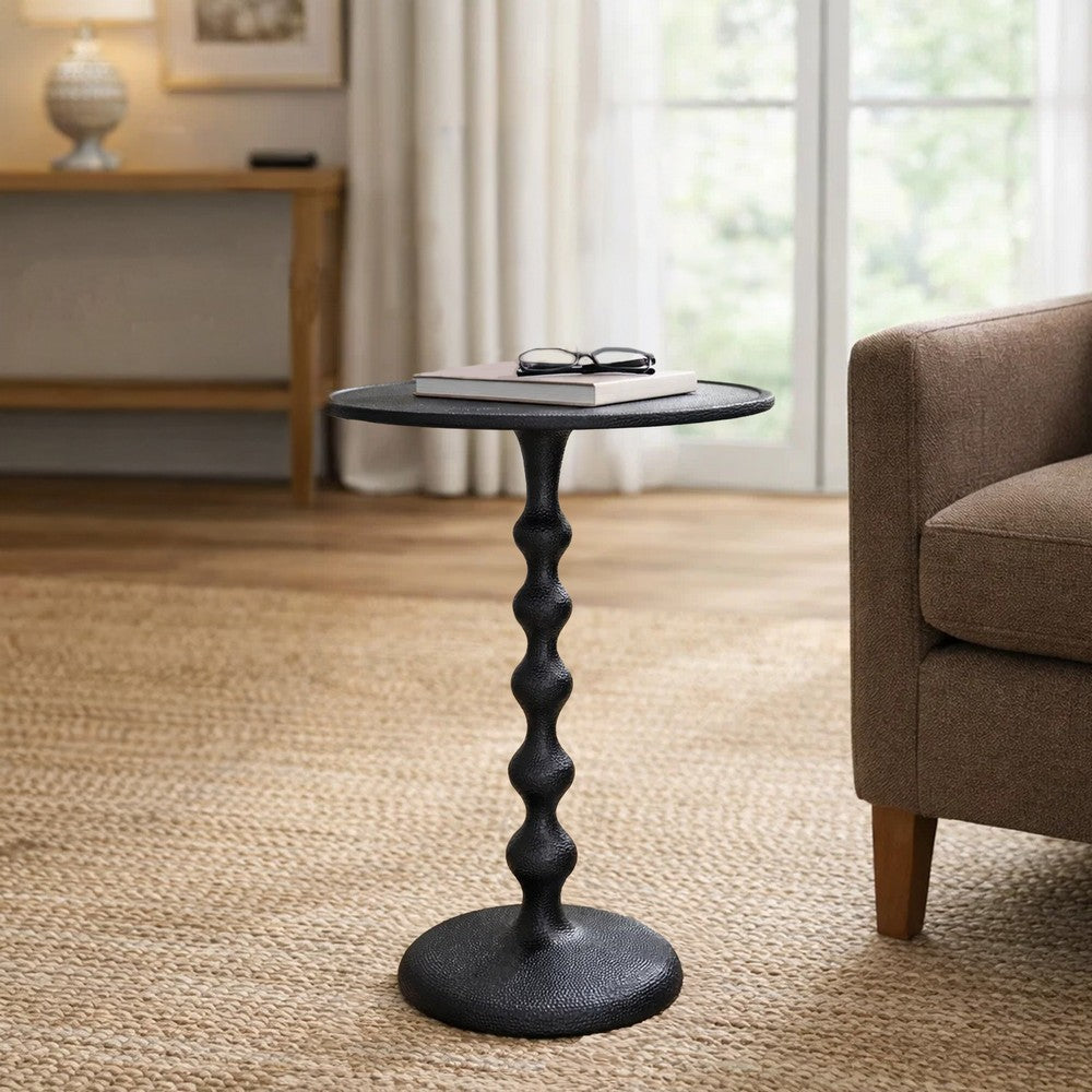 Shae 22 Inch Round Side End Table, Matte Black Aluminum Cast with Hammered Texture, Turned Padestal Post  By The Urban Port