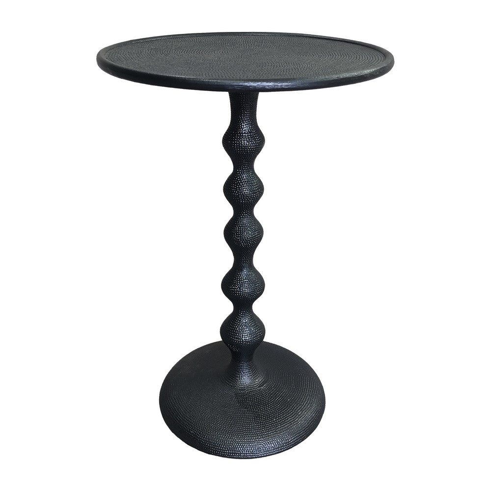 Shae 22 Inch Round Side End Table, Matte Black Aluminum Cast with Hammered Texture, Turned Padestal Post  By The Urban Port