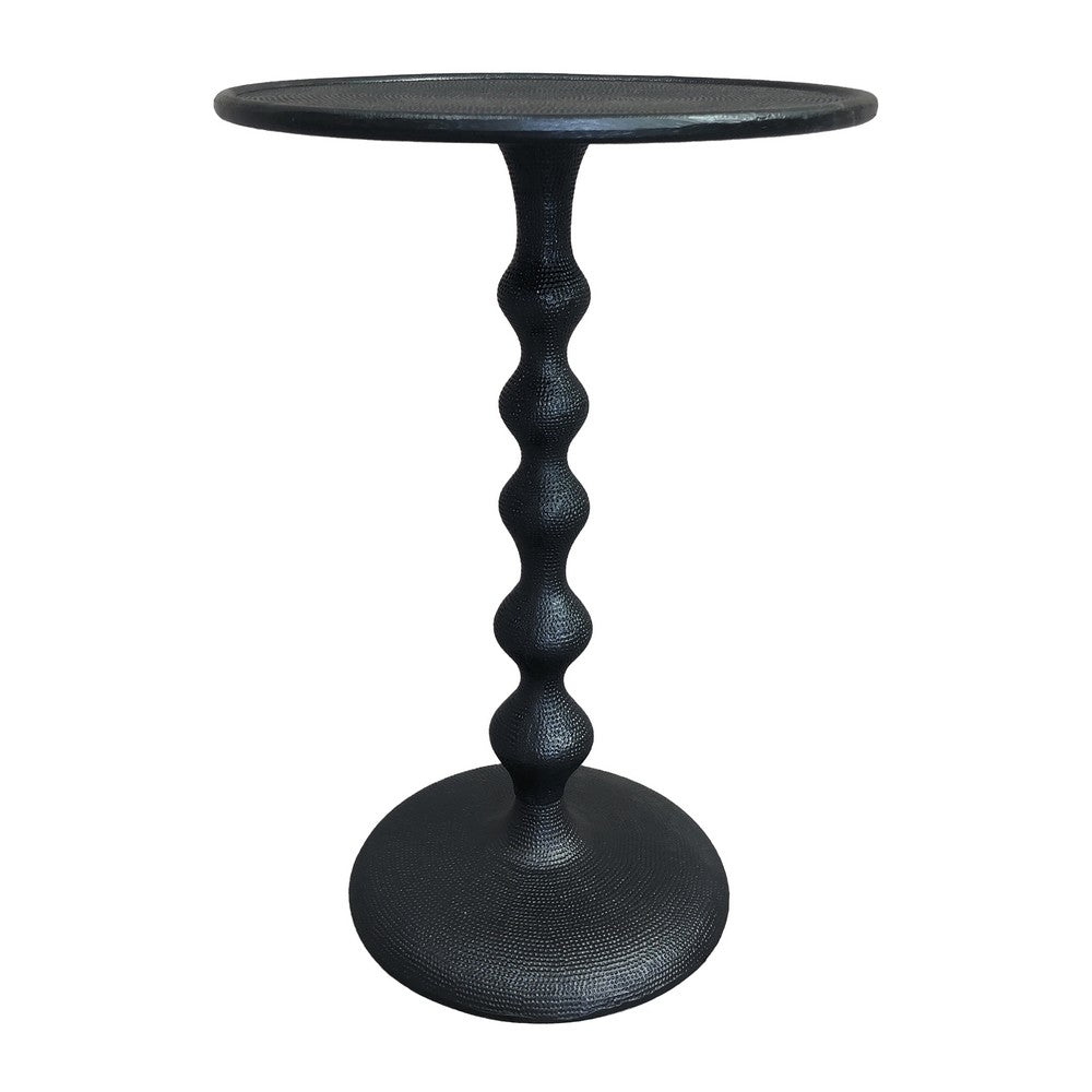 Shae 22 Inch Round Side End Table, Matte Black Aluminum Cast with Hammered Texture, Turned Padestal Post  By The Urban Port