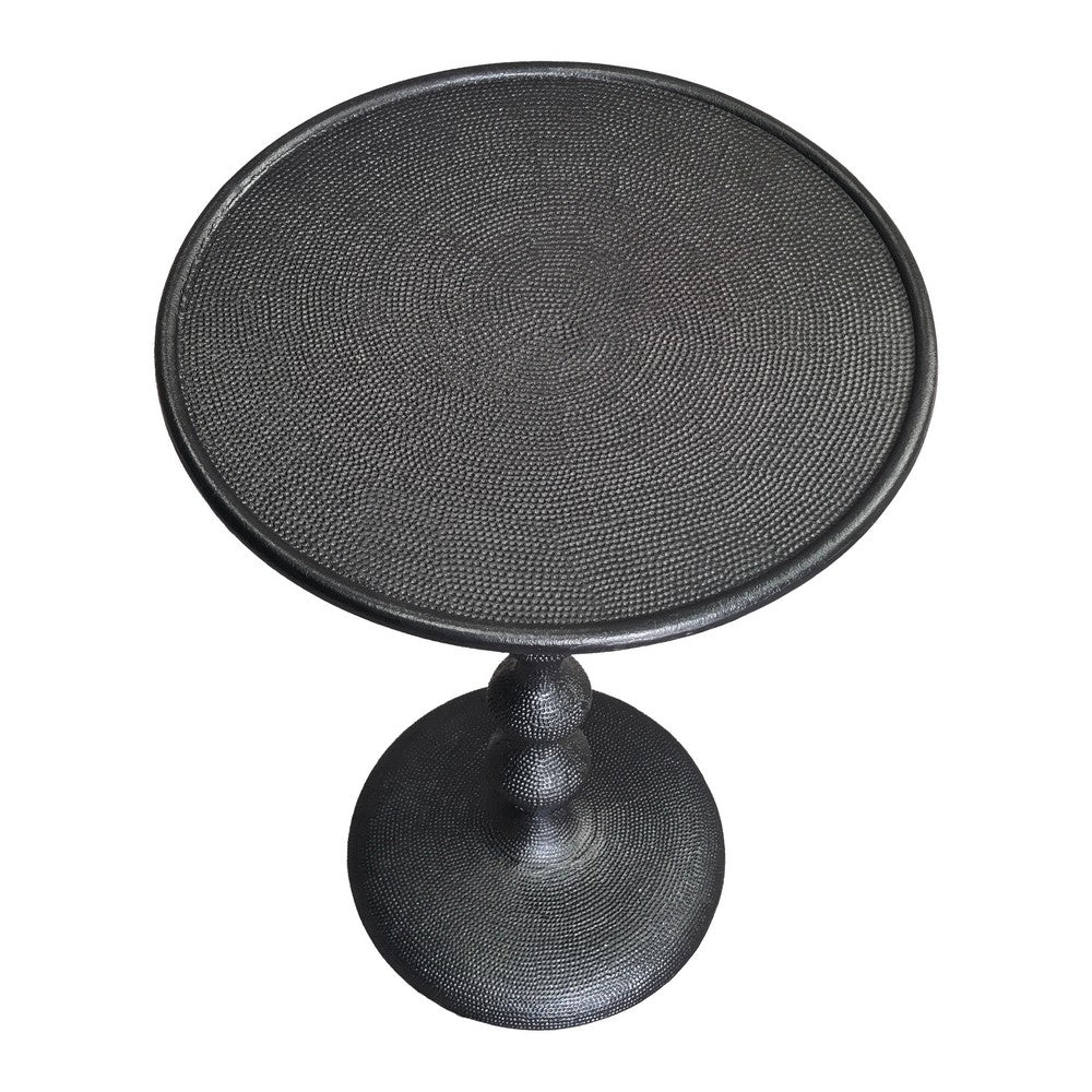 Shae 22 Inch Round Side End Table, Matte Black Aluminum Cast with Hammered Texture, Turned Padestal Post  By The Urban Port
