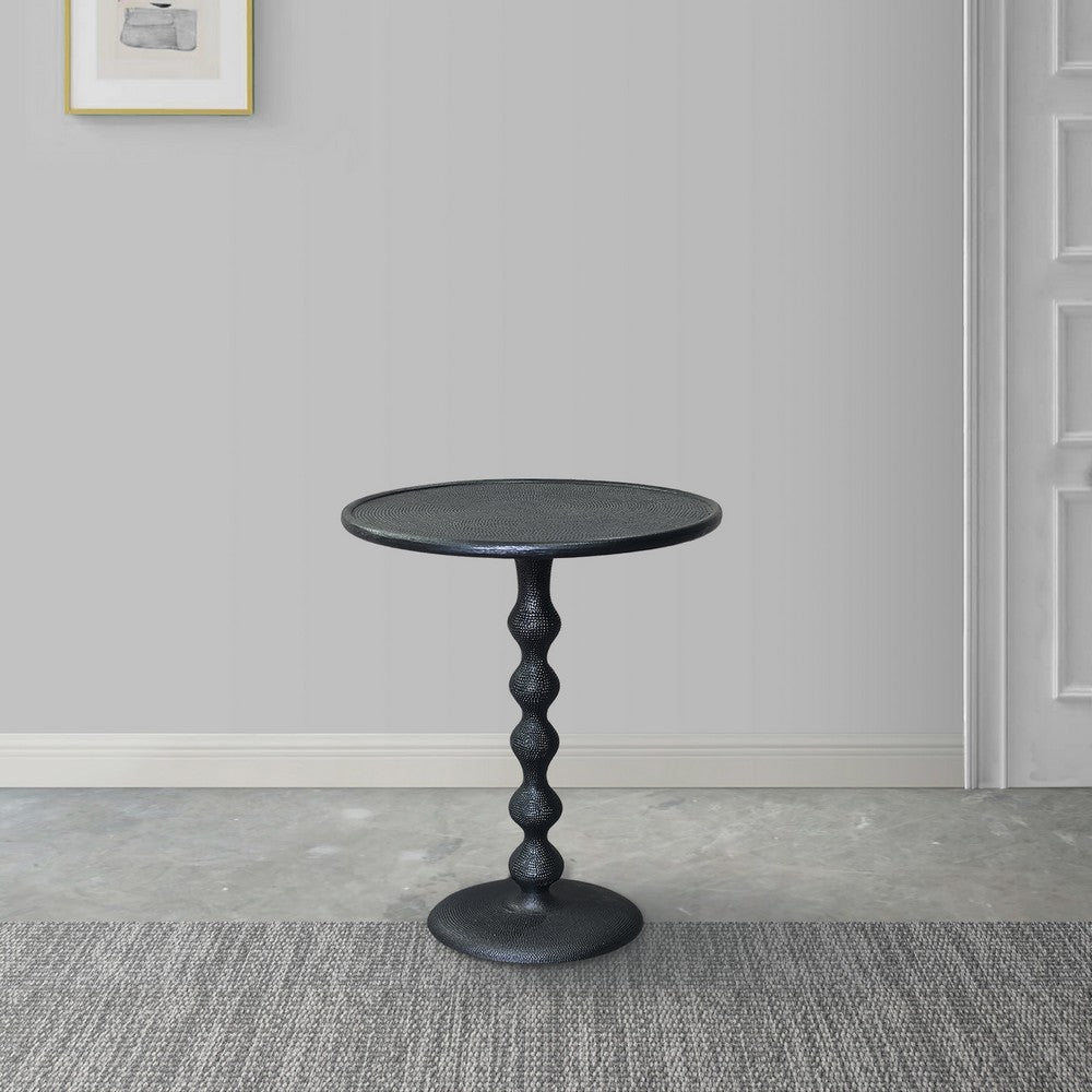 Shae 22 Inch Round Side End Table, Matte Black Aluminum Cast with Hammered Texture, Turned Padestal Post  By The Urban Port