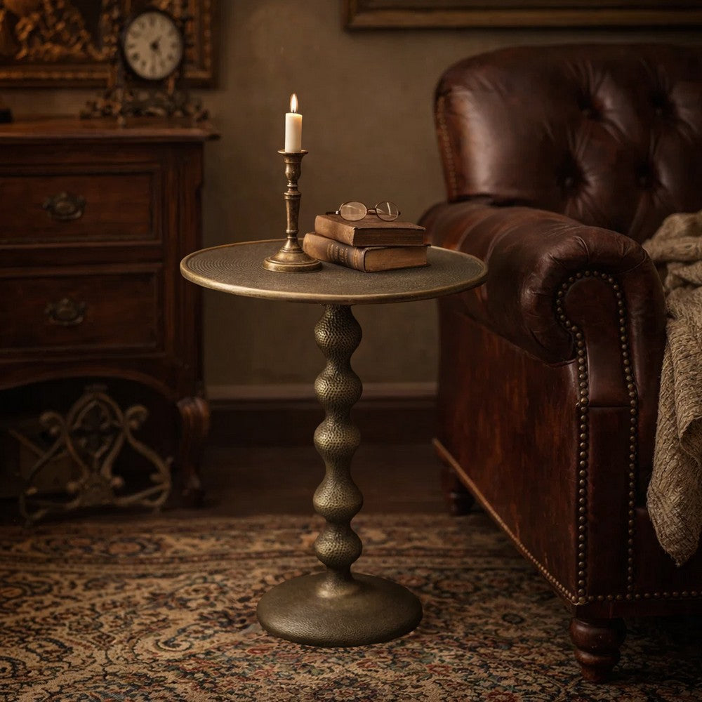 Shae 22 Inch Round Side End Table - Antique Brass Cast Aluminum with Hammered Texture For Small Places By The Urban Port