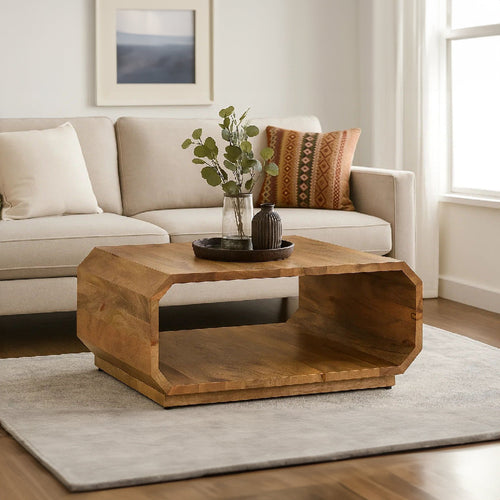 30 Inch Coffee Table, Handcrafted Hollow Cube Shape, Natural Brown Mango Wood By The Urban Port