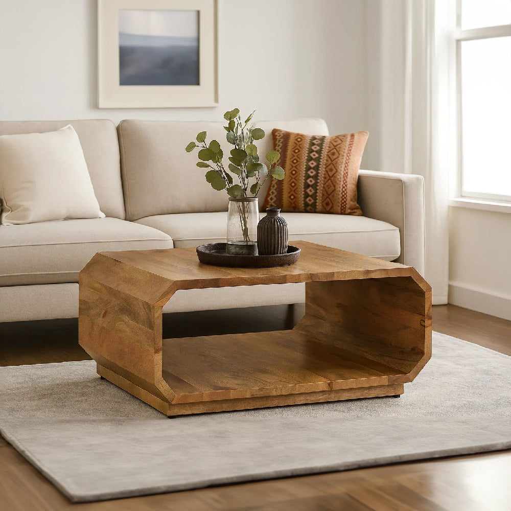 30 Inch Coffee Table, Handcrafted Hollow Cube Shape, Natural Brown Mango Wood By The Urban Port