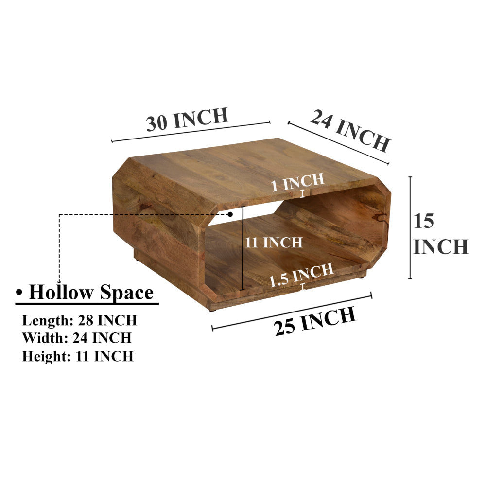 30 Inch Coffee Table Handcrafted Hollow Cube Shape Natural Brown Mango Wood By The Urban Port UPT-310271