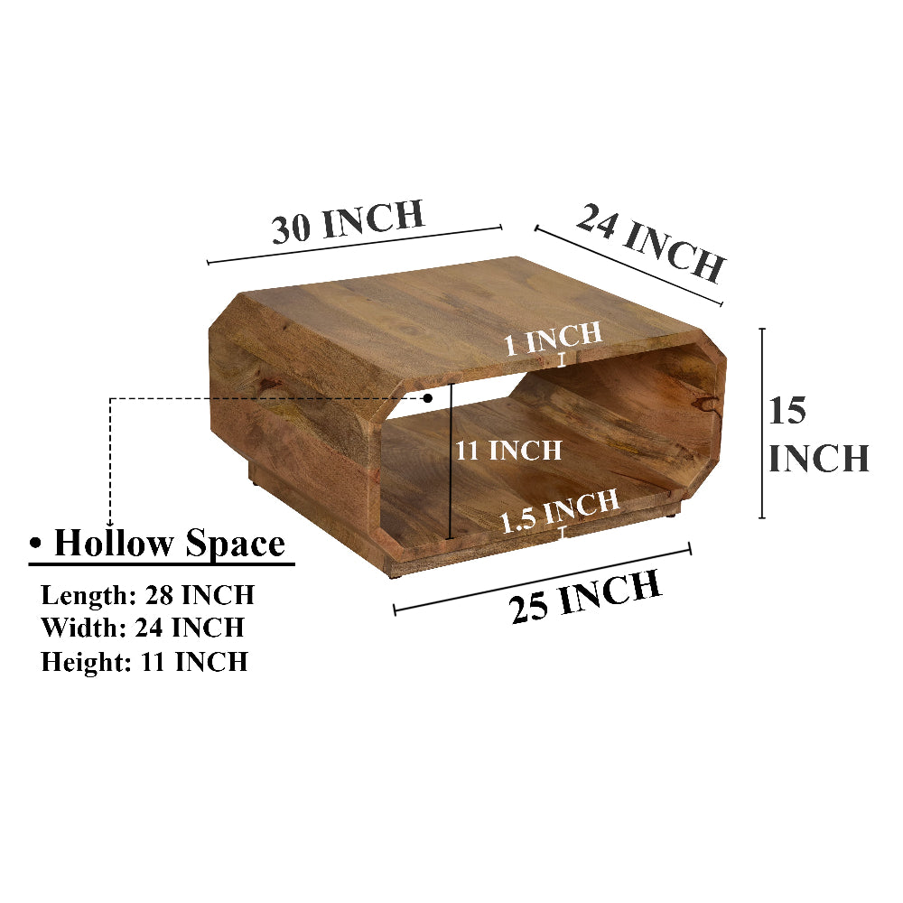 30 Inch Coffee Table, Handcrafted Hollow Cube Shape, Natural Brown Mango Wood By The Urban Port