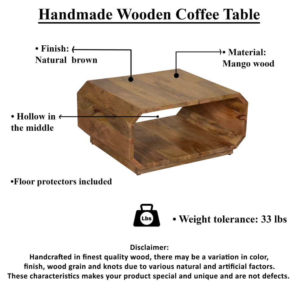 30 Inch Coffee Table Handcrafted Hollow Cube Shape Natural Brown Mango Wood By The Urban Port UPT-310271