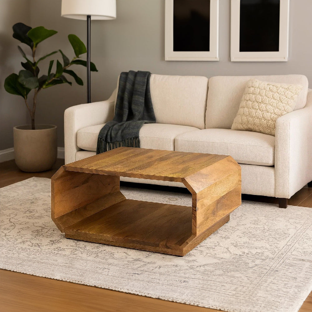 30 Inch Coffee Table, Handcrafted Hollow Cube Shape, Natural Brown Mango Wood By The Urban Port