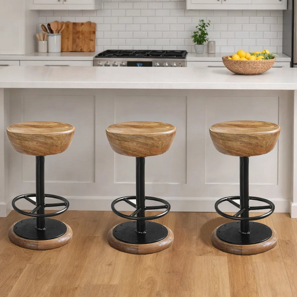 Rustic Charm Swivel Counter Bar Stool 24 Inch Handcrafted, Brown Mango Wood Round Seat, Black Iron Base with Footrest By The Urban Port