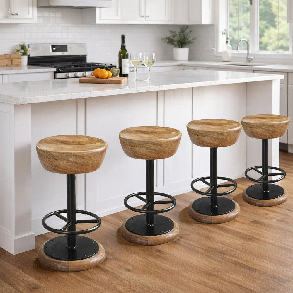 Rustic Charm Swivel Counter Bar Stool 24 Inch Handcrafted, Brown Mango Wood Round Seat, Black Iron Base with Footrest By The Urban Port
