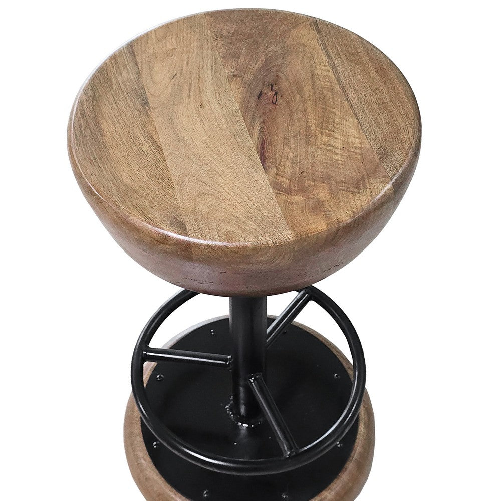 Rustic Charm Swivel Counter Bar Stool 24 Inch Handcrafted, Brown Mango Wood Round Seat, Black Iron Base with Footrest By The Urban Port