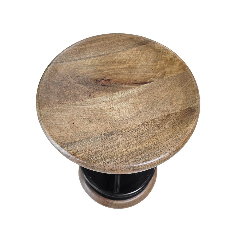 Rustic Charm Swivel Counter Bar Stool 24 Inch Handcrafted Brown Mango Wood Round Seat Black Iron Base with Footrest By The Urban Port