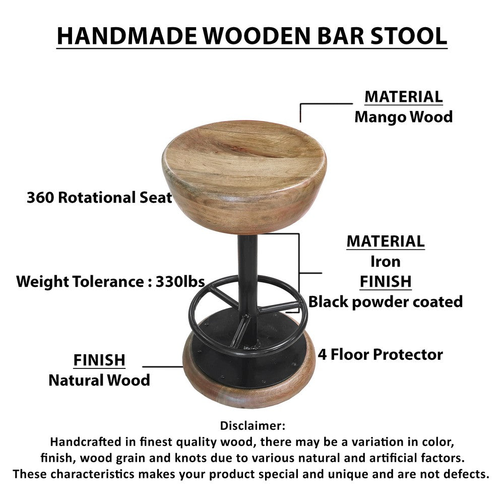 Rustic Charm Swivel Counter Bar Stool 24 Inch Handcrafted, Brown Mango Wood Round Seat, Black Iron Base with Footrest By The Urban Port