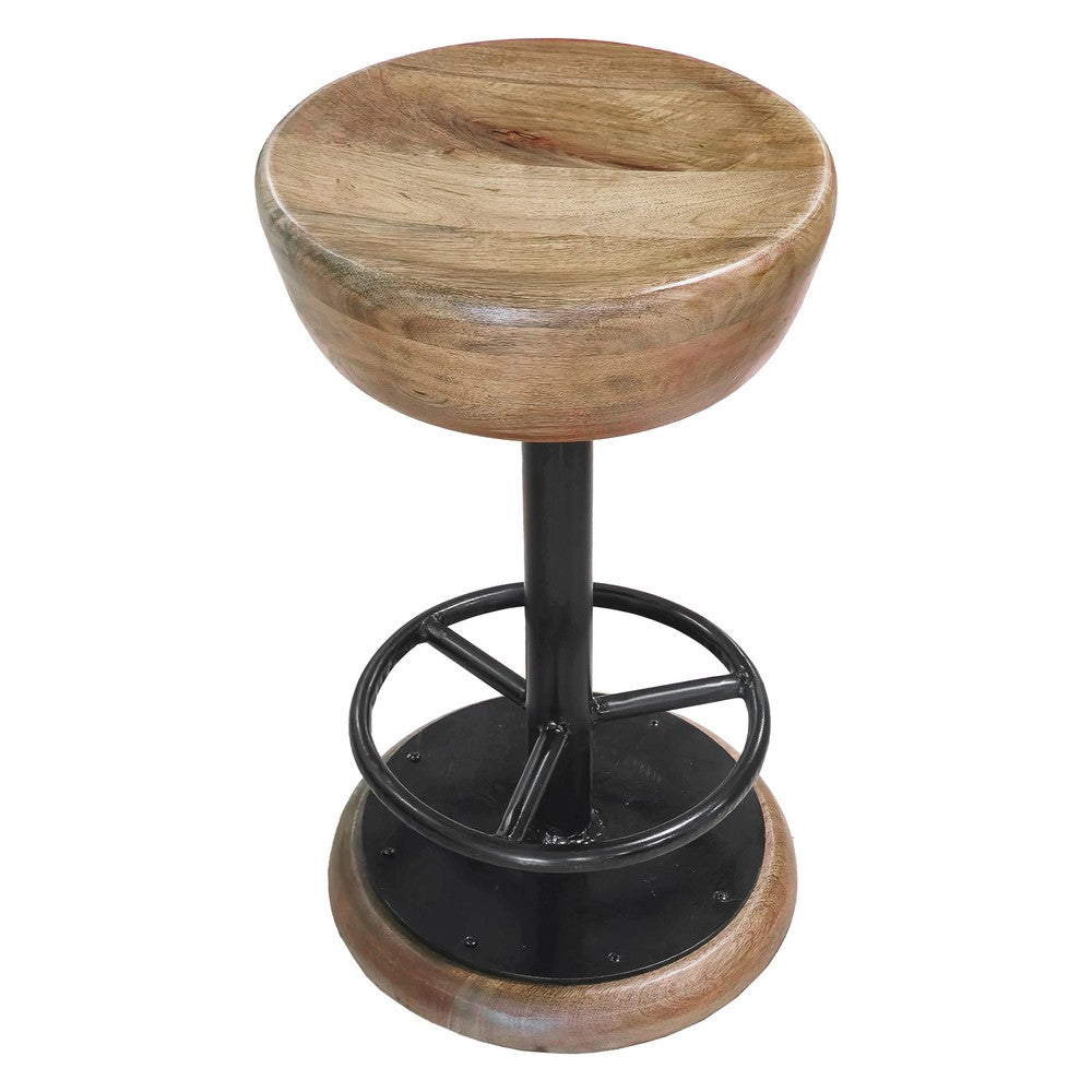 Rustic Charm Swivel Counter Bar Stool 24 Inch Handcrafted Brown Mango Wood Round Seat Black Iron Base with Footrest By The Urban Port