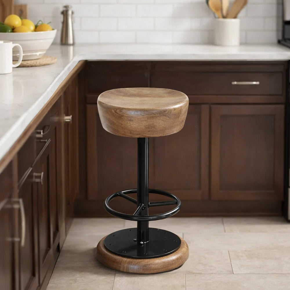 Rustic Charm Swivel Counter Bar Stool 24 Inch Handcrafted, Brown Mango Wood Round Seat, Black Iron Base with Footrest By The Urban Port