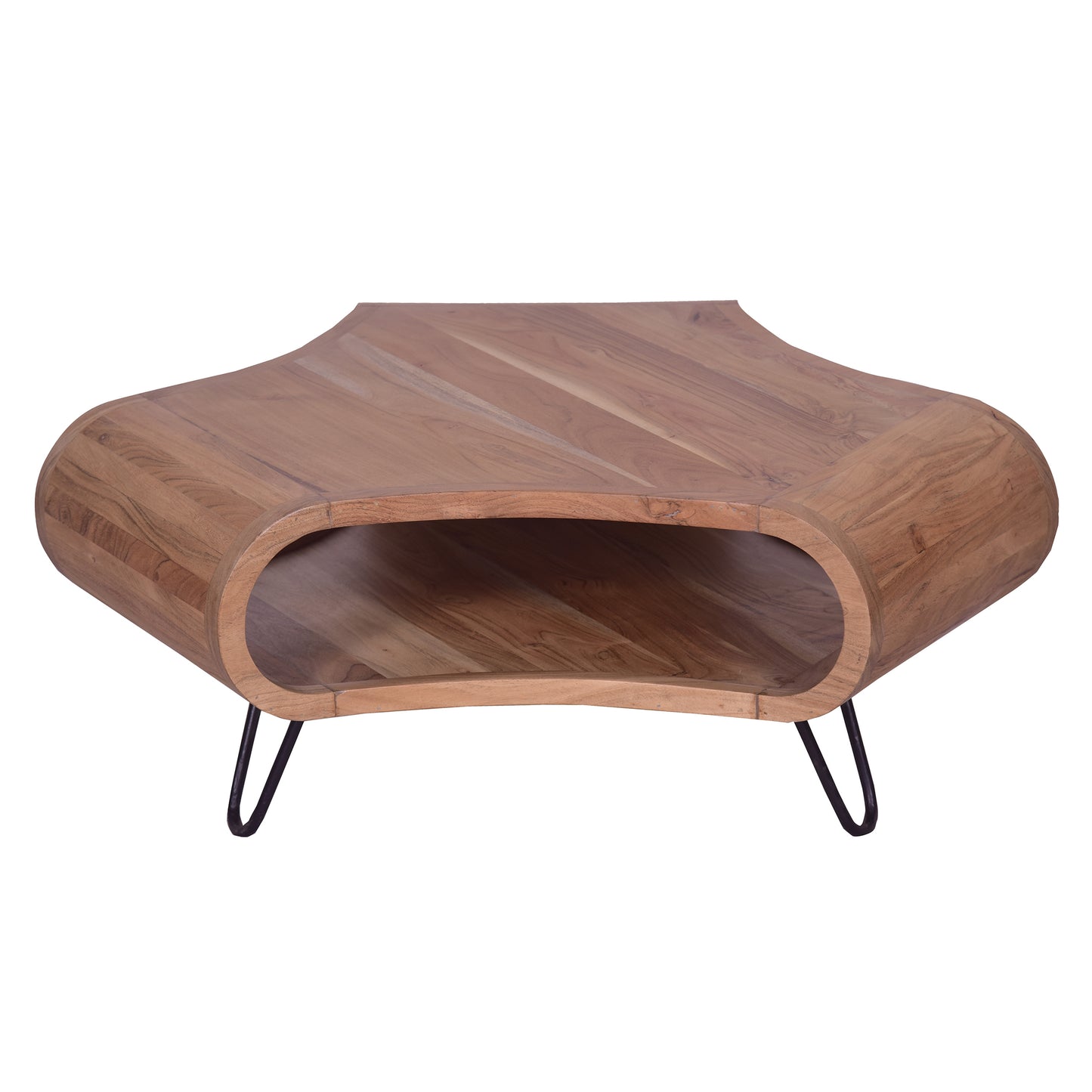 37 Inch Coffee Table, Handcrafted Curved Hexagon Shape with Open Shelf, Natural Brown Acacia Wood, Iron Legs By The Urban Port